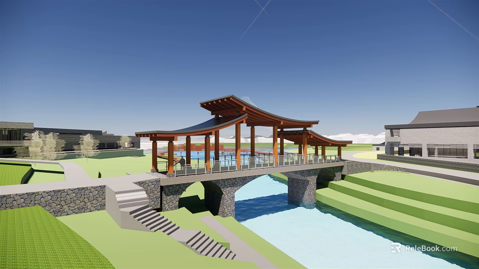 Landscape Bridge With Wooden Pavilion Roof Stone Steps Small River And Green Lawns 3d model 