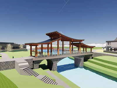 Landscape Bridge With Wooden Pavilion Roof Stone Steps Small River And Green Lawns 3d model