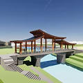 Landscape Bridge With Wooden Pavilion Roof Stone Steps Small River And Green Lawns