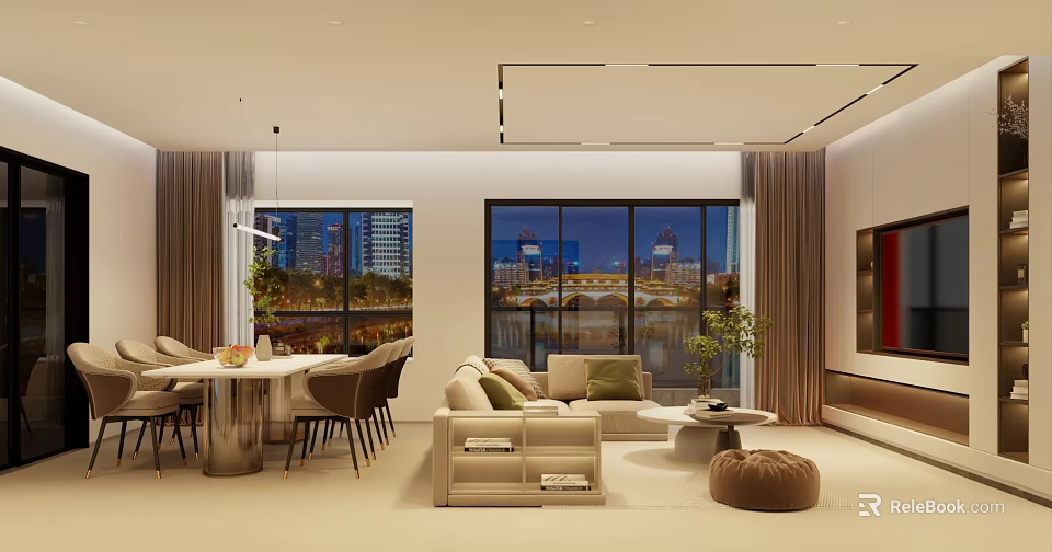 Modern Living And Dining Room Interior Design With Sofa Dining Table City View Windows 3d model 
