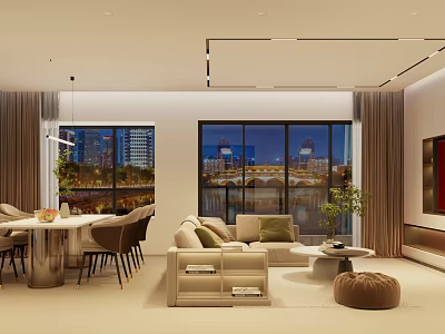 Modern Living And Dining Room Interior Design With Sofa Dining Table City View Windows 3d model