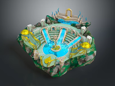 Cartoon Fantasy Island Scene Featuring Blue Pool Golden Decorations Archway and Statues 3d model