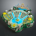 Cartoon Fantasy Island Scene Featuring Blue Pool Golden Decorations Archway and Statues