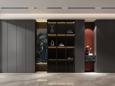 Modern Elegant Decorative Cabinet With Glass Doors Marble Backdrop Display Shelves And Decorative Items 3d model