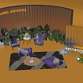 Caramel Aesthetics Photo Check in Spot With Purple Chairs Plants And Curved Backdrop