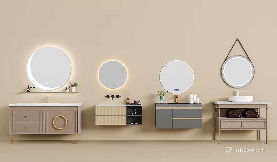 Multiple Modern Bathroom Vanity Combinations With Round Lighted Mirrors And Sink Cabinets 3d model