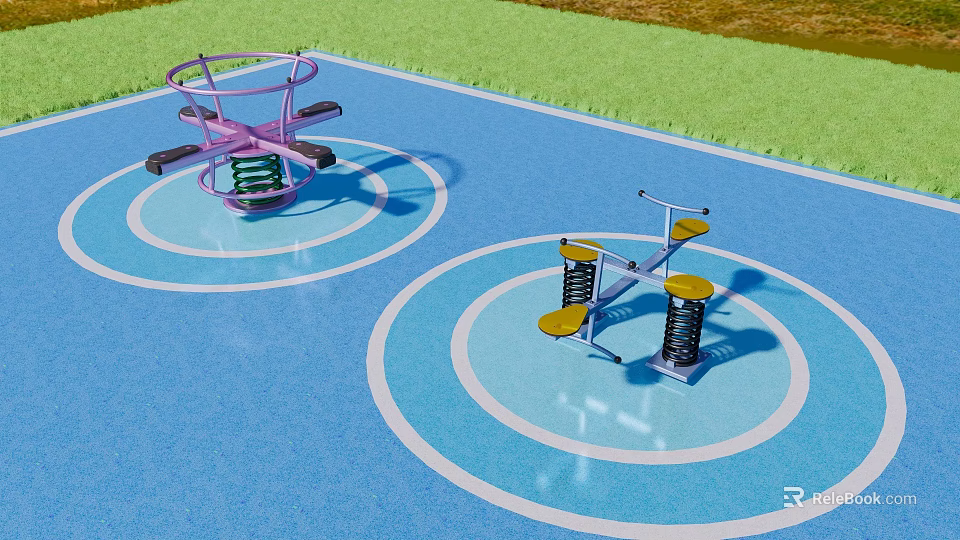 Colorful Outdoor Playground Equipment With Pink Rotary Structure And Yellow Spring Riders 3d model 