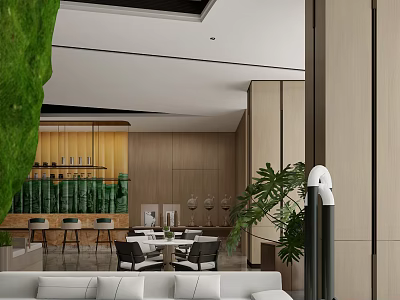 Modern Sales Office Interior With Wooden Walls Green Plants Reception Area And Bar Counter 3d model