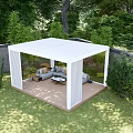 Garden Pavilion With Cozy Seating Lush Trees Green Lawn Brick Wall And Sunset Sky In Backyard