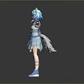 Anime Game Character With Blue Hair Cat Ears And Arms Outstretched In Blue White Dress