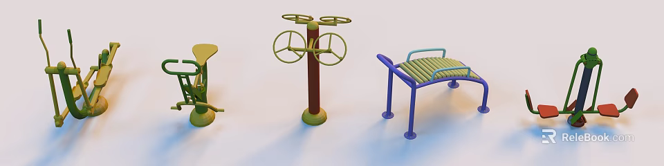 Outdoor Sports Equipment With Green Double Wheel Trainer And Blue Rest Bench 3d model 