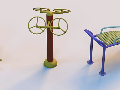 Outdoor Sports Equipment With Green Double Wheel Trainer And Blue Rest Bench 3d model