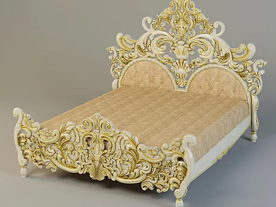 Ornate European Style Double Bed With Gold Carvings White Frame And Light Brown Mattress 3d model