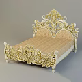 Ornate European Style Double Bed With Gold Carvings White Frame And Light Brown Mattress