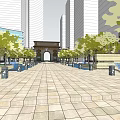 Modern Commercial Street Design With Tall Buildings Central Fountain And Greenery