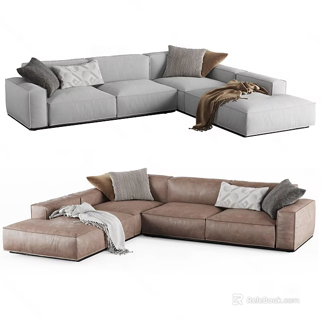 Modern Sectional Sofa in Neutral Tones with Throw Pillows Cozy Blanket and Ottoman 3d model 