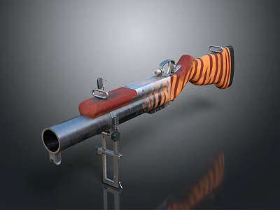 Tactical Shotgun With Orange Black Striped Grip And Silver Barrel On Metal Stand 3d model