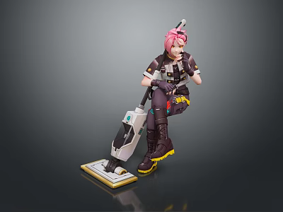 Pink Haired Game Character In Dark Outfit Holding Vacuum Tool With Yellow Soled Boots Kneeling 3d model