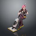 Pink Haired Game Character In Dark Outfit Holding Vacuum Tool With Yellow Soled Boots Kneeling