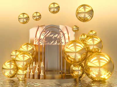 Golden Spheres Happy Birthday Arch Photo Spot With Water Reflection Decorations 3d model