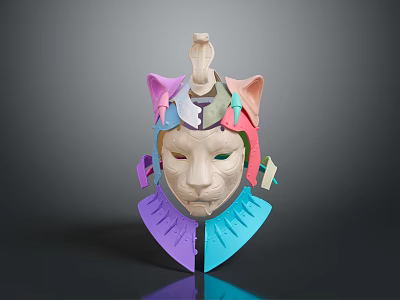 Fantasy Character Feline Creature Horned Mask Face With Pastel Pink Purple Blue Geometric Accents 3d model