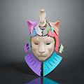 Fantasy Character Feline Creature Horned Mask Face With Pastel Pink Purple Blue Geometric Accents