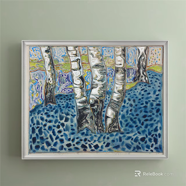 Abstract Painting Featuring Birch Trees with White Trunks and Colorful Blue Ground Patterns 3d model 