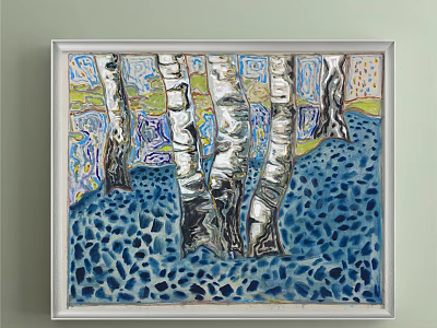Abstract Painting Featuring Birch Trees with White Trunks and Colorful Blue Ground Patterns 3d model