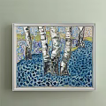 Abstract Painting Featuring Birch Trees with White Trunks and Colorful Blue Ground Patterns