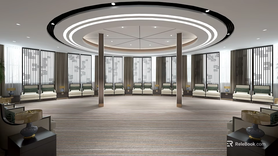 Hotel Public Lounge With Circular Ceiling Recessed Lighting Wooden Columns And Sofa Seats 3d model 