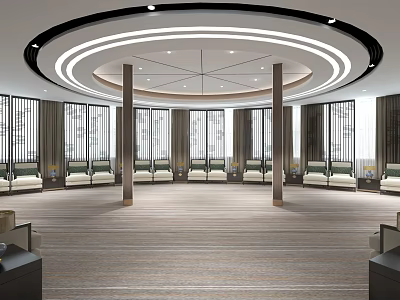 Hotel Public Lounge With Circular Ceiling Recessed Lighting Wooden Columns And Sofa Seats 3d model