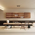 Modern Tea Room Interior With Wooden Shelves Tea Sets Rattan Chairs And Vases