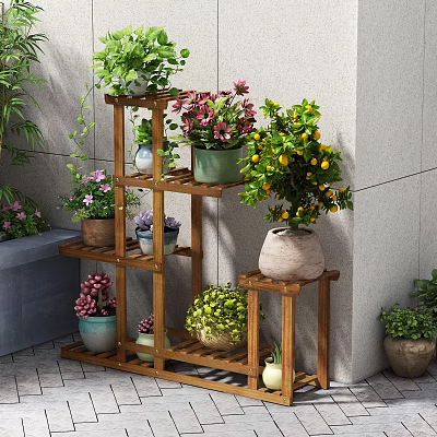 Multi tiered Wooden Plant Stand With Various Potted Flowers And Green Plants Outdoors 3d model