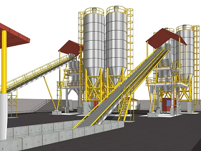 Industrial Equipment Facility Featuring Silver Silos Yellow Conveyors And Red Roofs 3d model