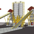Industrial Equipment Facility Featuring Silver Silos Yellow Conveyors And Red Roofs