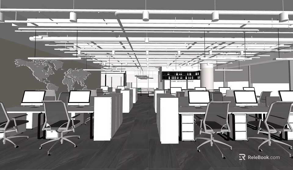 Public Office Space With Open Layout Office Desks Computers Ergonomic Chairs And Ceiling Lights 3d model