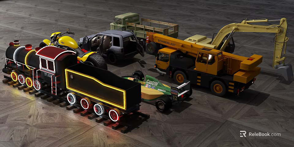 Colorful Electric Toys Including Trucks Excavator Train And Race Car For Kids Play 3d model 