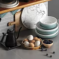 Variety Of Kitchenware Neatly On Open Shelves In Modern Kitchen