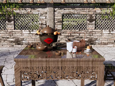 Chinese Style Outdoor Tables and Chairs Country Garden Tea Set Encircling Stove Tea Making Teapot Pastry Persimmon Chestnut Carved Wooden Table Wooden Stool 3d model