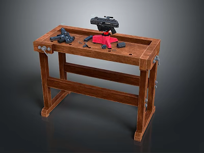Weapon Maintenance Setup On Wooden Workbench With Tools And Red Parts 3d model