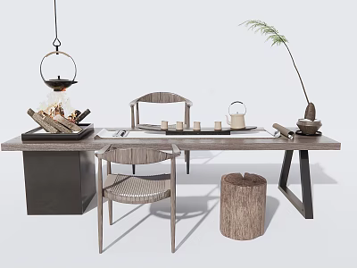 Natural Style Tea Table And Rattan Chairs With Wooden Tabletop Tea Set And Pendant Light 3d model