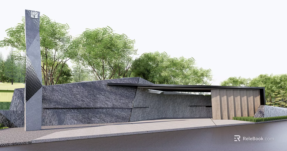 Modern Entrance Gate With Stone Wall And Black Roof Surrounded By Green Trees 3d model 