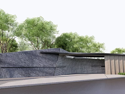 Modern Entrance Gate With Stone Wall And Black Roof Surrounded By Green Trees 3d model