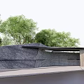 Modern Entrance Gate With Stone Wall And Black Roof Surrounded By Green Trees