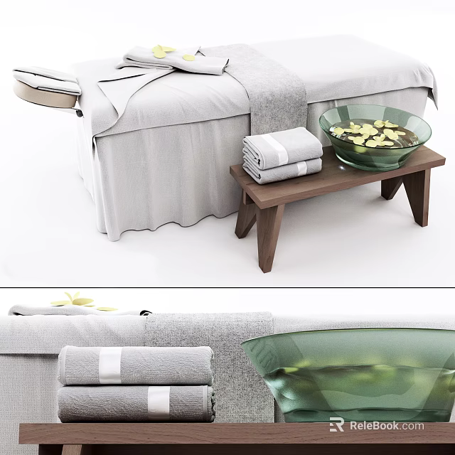 Luxurious Massage Bed With Folded Towels Wooden Side Table And Glass Bowl 3d model 