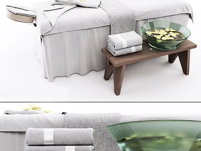 Luxurious Massage Bed With Folded Towels Wooden Side Table And Glass Bowl 3d model