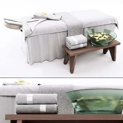 Luxurious Massage Bed With Folded Towels Wooden Side Table And Glass Bowl 3d model