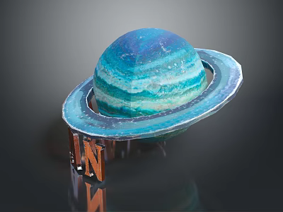 Blue Striped Saturn Planet Model With Ring Structure And Wooden Stand 3d model