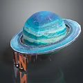 Blue Striped Saturn Planet Model With Ring Structure And Wooden Stand