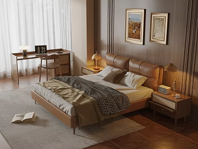 Bedroom Interior Design With Leather Headboard Bed Wooden Nightstands Table Lamps Desk Paintings Area Rug 3d model